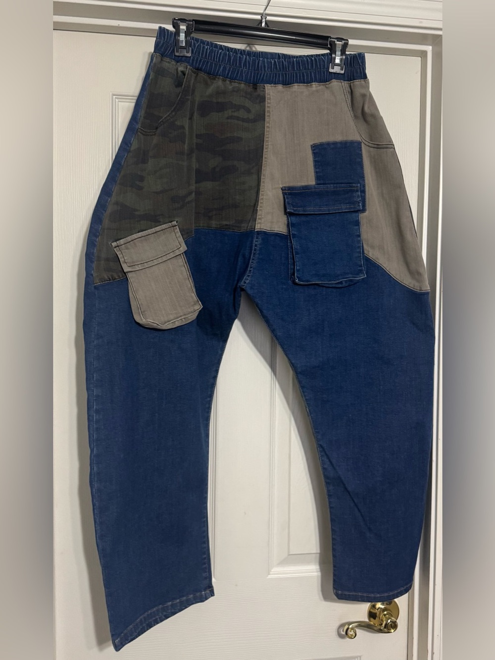 Ladies Denim Patchwork Cargo Jogger Pants - Blue, Gray, Olive